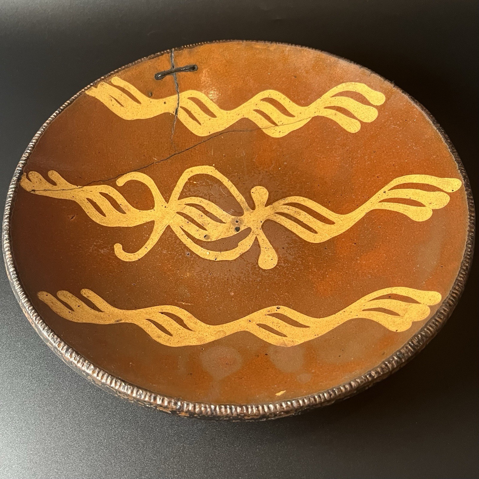 19th Century Redware Charger With Slip Decoration - Good Old Staple Repair