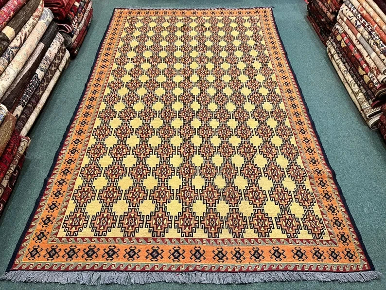 9.5 X 5.5 FT Stunning Fine Quality Geometric Herati  Sumak Kilim Rug