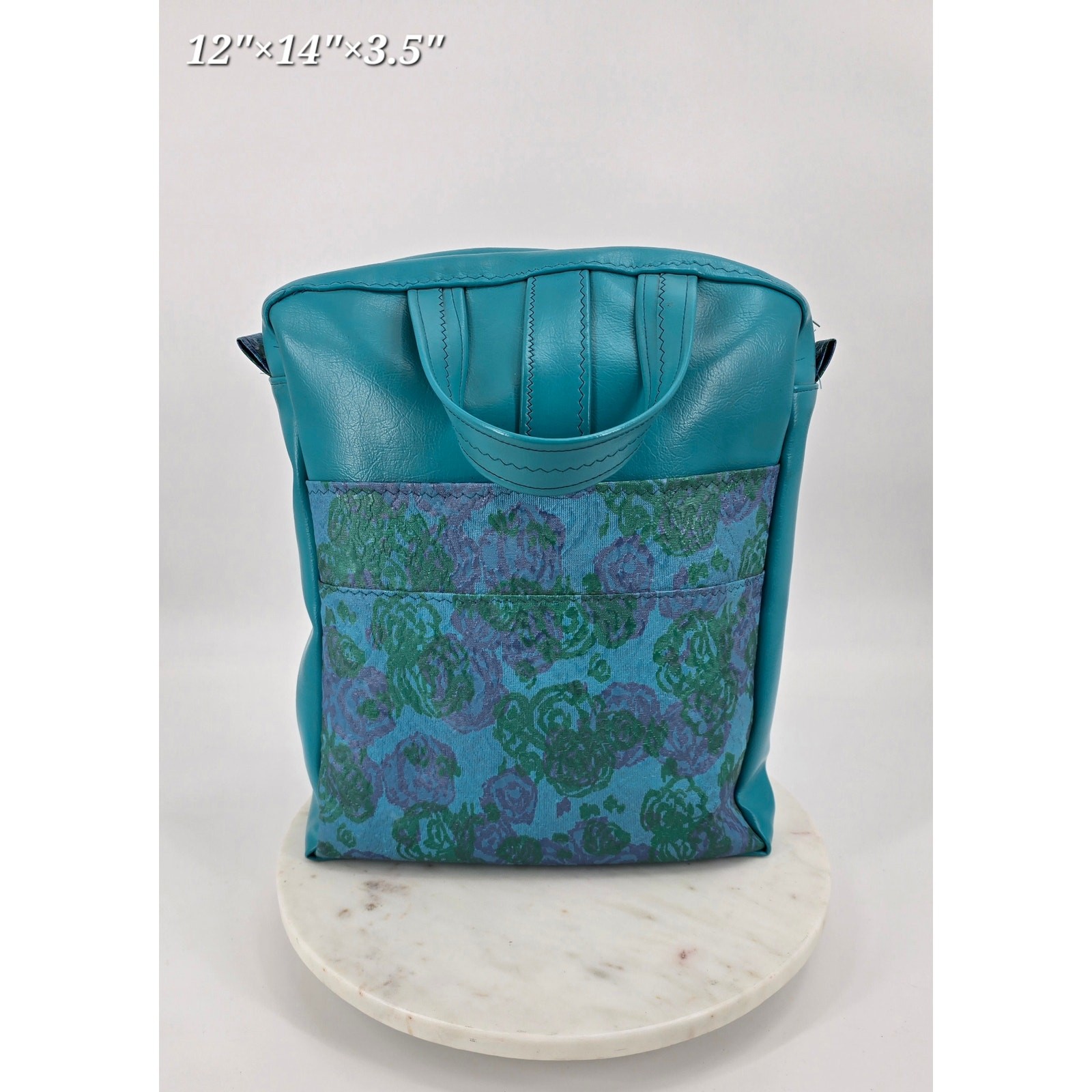 Vintage 1960s Retro Kitschy Teal Floral Tapestry Weekender Travel Bag