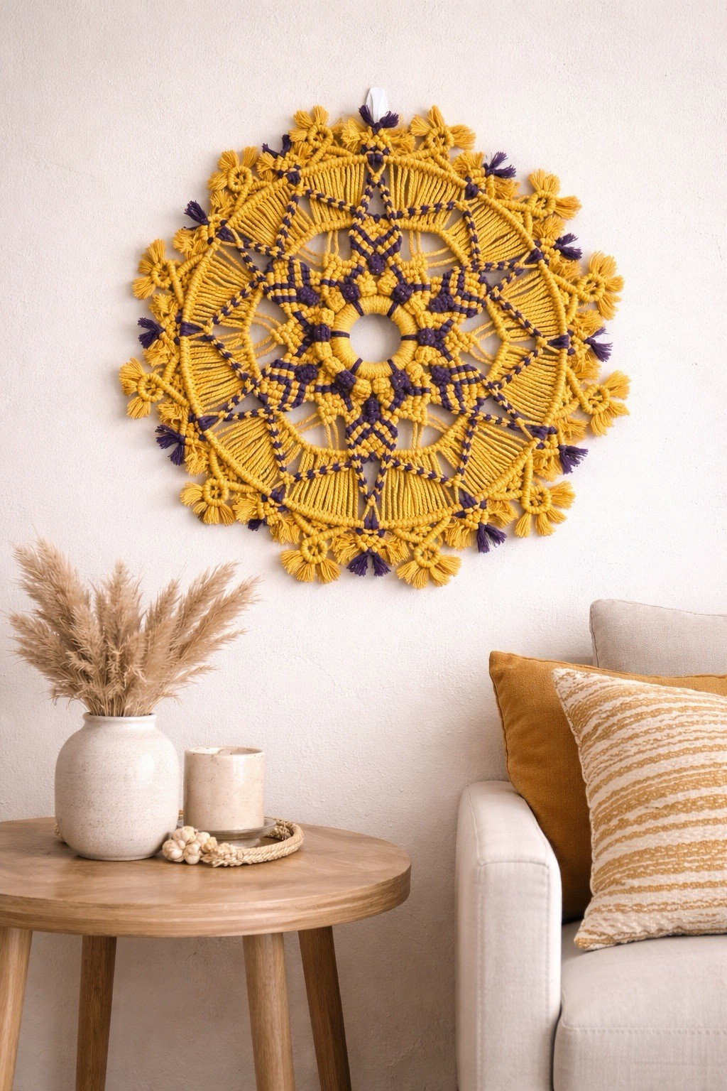 Handmade Yellow Purple Macramé Mandala Wall Hanging 18” Ring 23” Diameter