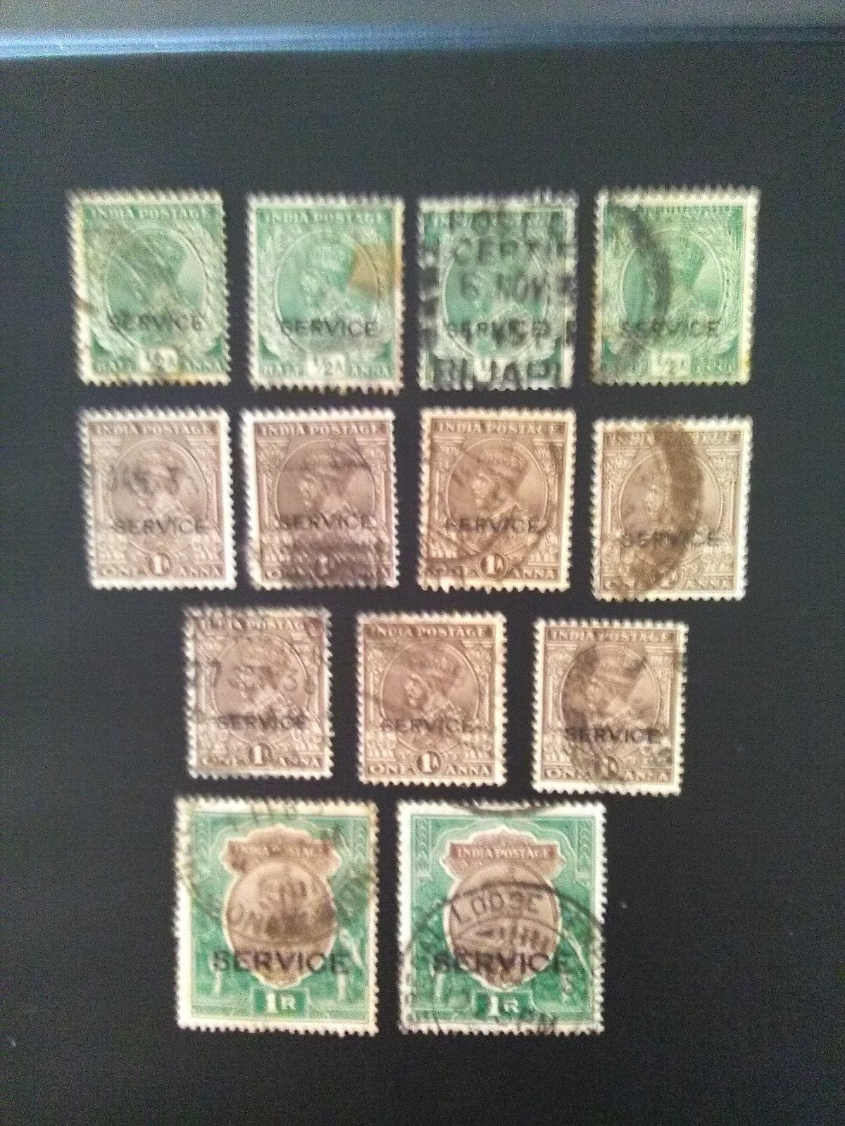 INDIA  USED  STAMPS  1926-31 KGV SERVICE 1/2,1a  & 1r SHADES SG0110-0111 & 0117.