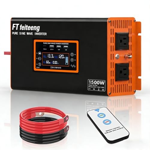 Pure Sine Wave Inverter 12V to 120V AC, Solar Off-Grid & Outdoor 1500W