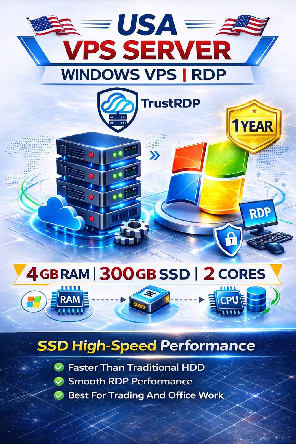 USA Windows VPS RDP Server/ Windows VPS Hosting - 4GB RAM + 300GB SSD  1 year