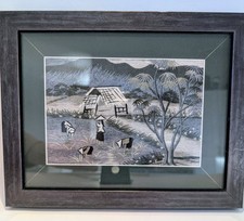 Vintage Finished Embroidery Asian Art Matted And Framed 