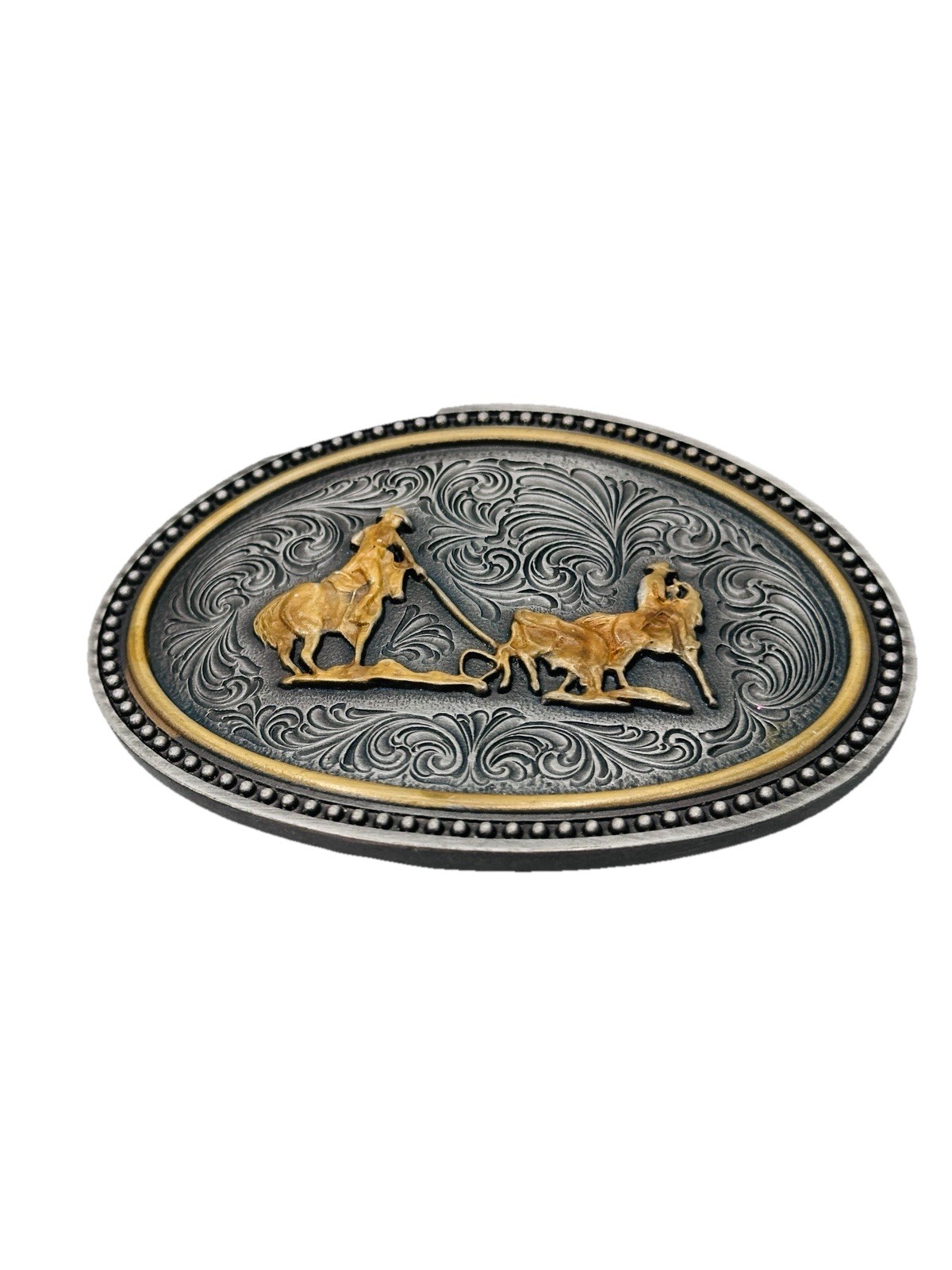 Montana Silversmiths Team Roping Belt Buckle Western Cowboy Steer Rodeo Silver 