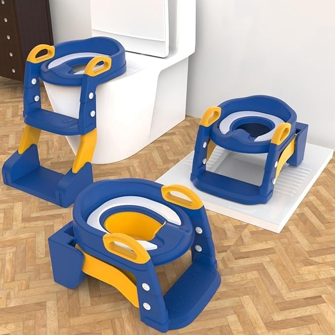 3-in-1 Toddler Potty Training Toilet With Ladder PU Cushion Step Stool Blue