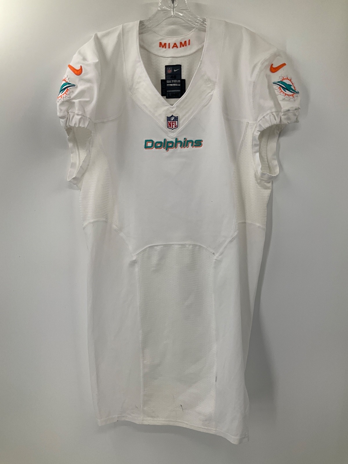 MIAMI DOLPHINS NIKE GAME USED TEAM ISSUED WHITE SAMPLE JERSEY SIZE:46 YEAR:2014