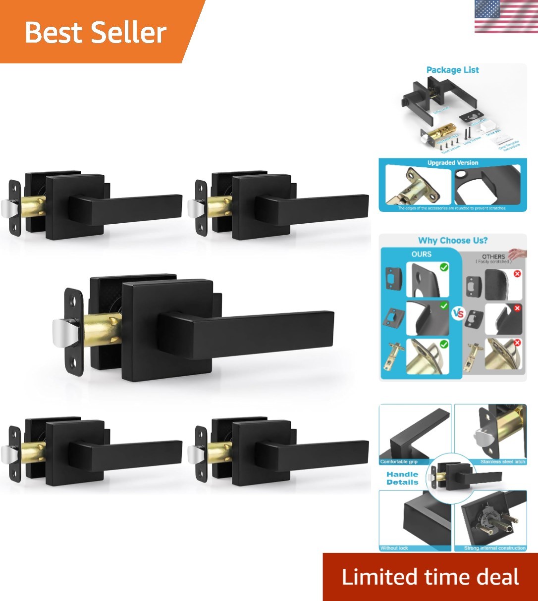 5 Pack Matte Black Passage Door Handles Square No Lock Interior Reversible He...