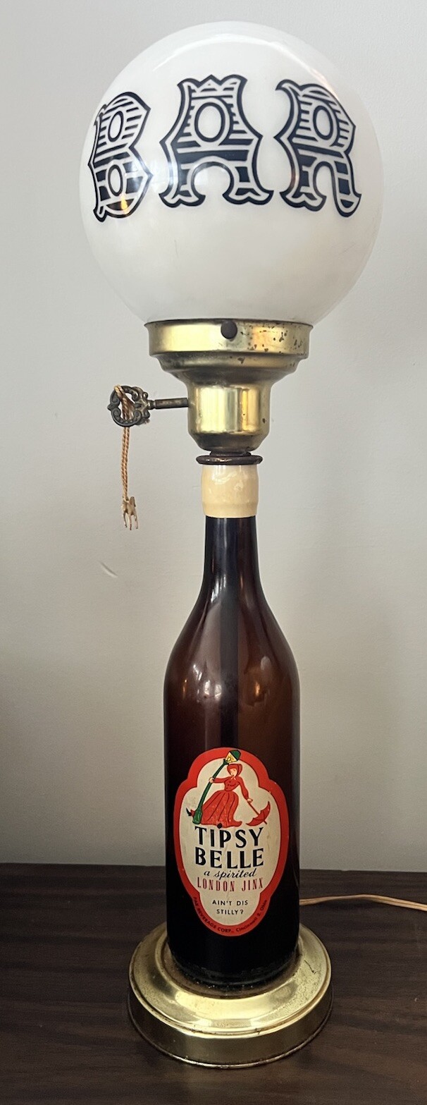 Vintage White Glass BAR Globe Tavern Man Cave Graphic Tipsy Belle Liquor USA 21"