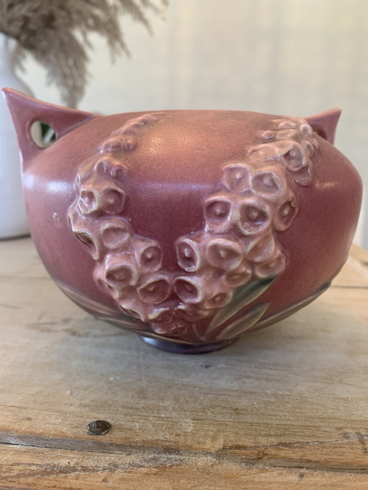 Vtg ROSEVILLE POTTERY Rose Pink Foxglove Jardiniere Double Handle Vase 418-4
