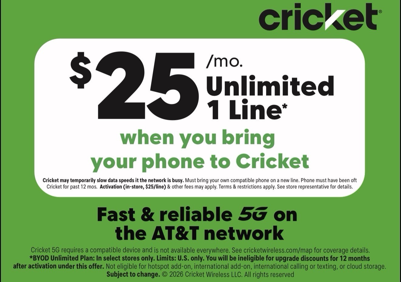 Cricket Wireless eSIM $25 Unlimited 5G Data/Text/Call 1 Mount Preloaded AT&T