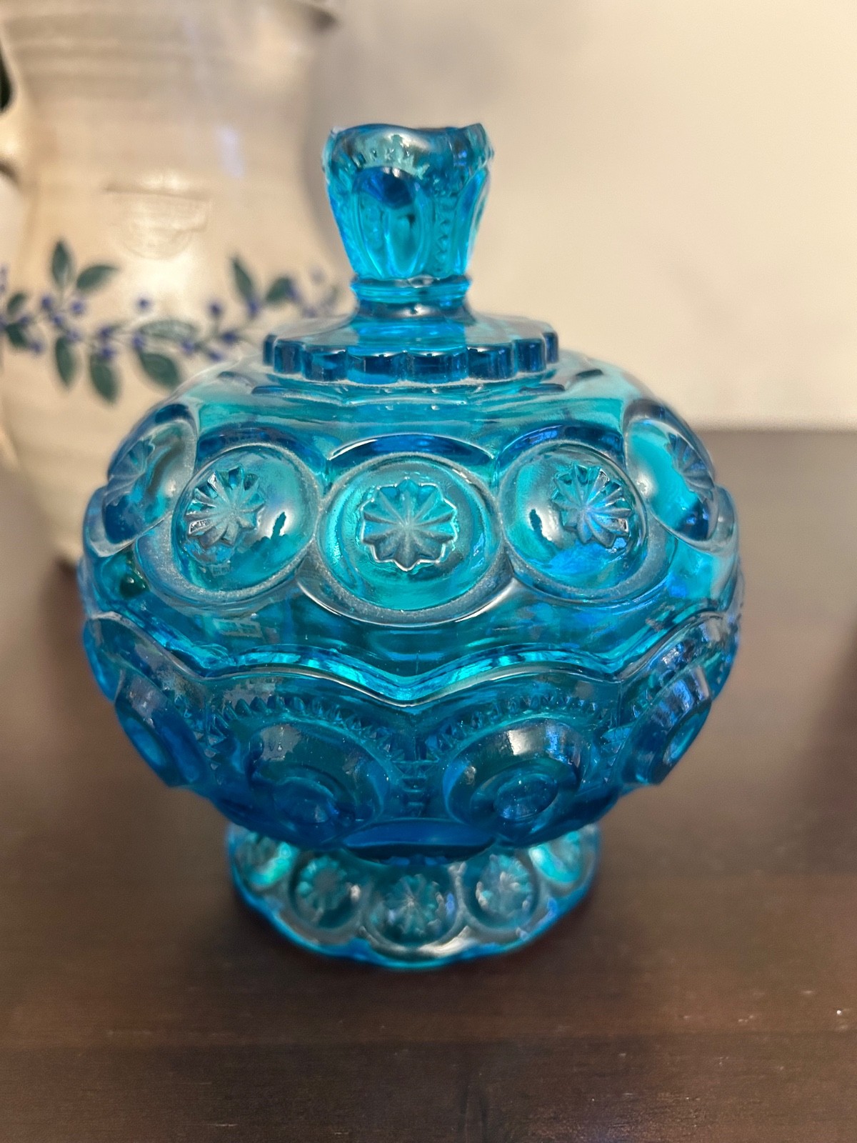 Vintage LE Smith Moon and Stars Blue Lidded Compote Candy Dish