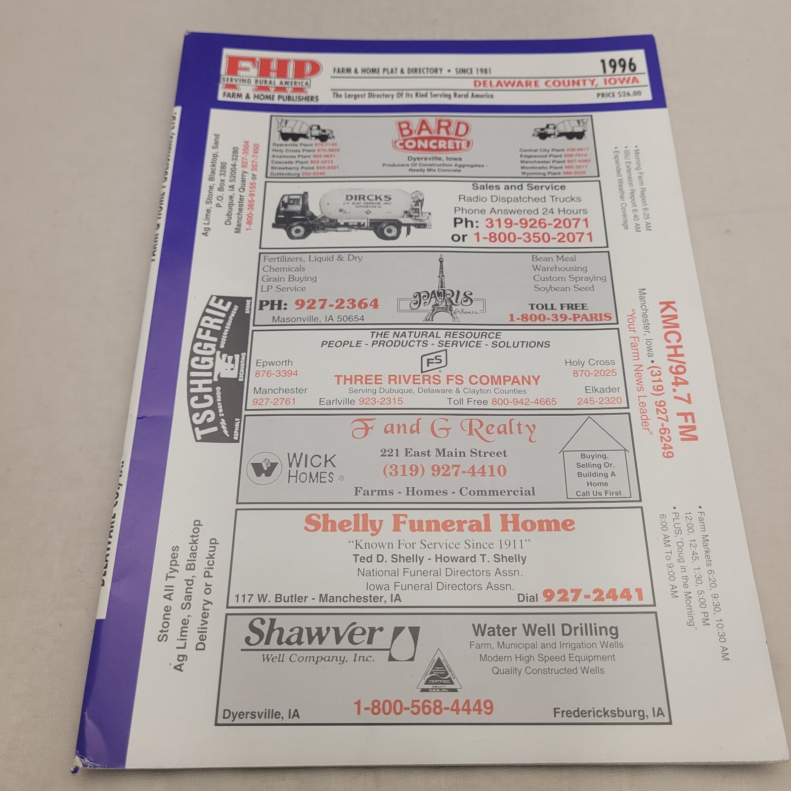 1996 Delaware County Iowa Farm Home Directory Plat Book Manchester Dyersville IA