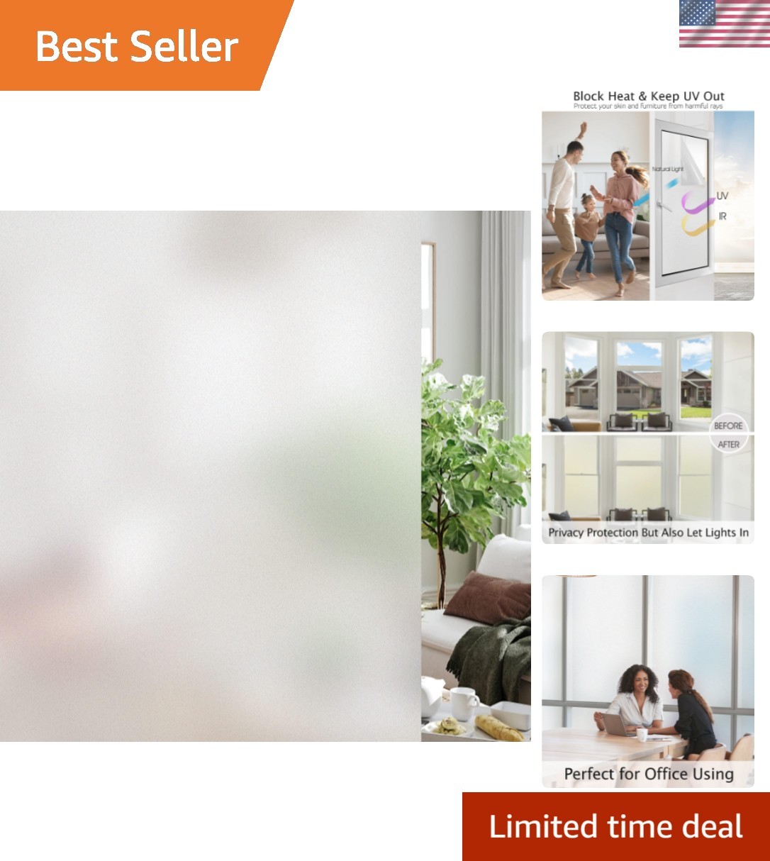 Frosted Window Privacy Film Heat Control UV Blocking, Static Cling Non-Adhesi...