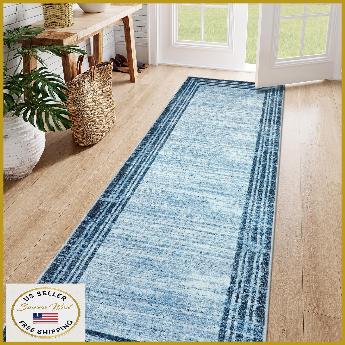 Lahome Abstract Runner Rug 2.5x8 Washable Non-Slip Blue Kitchen Bedroom Hallway