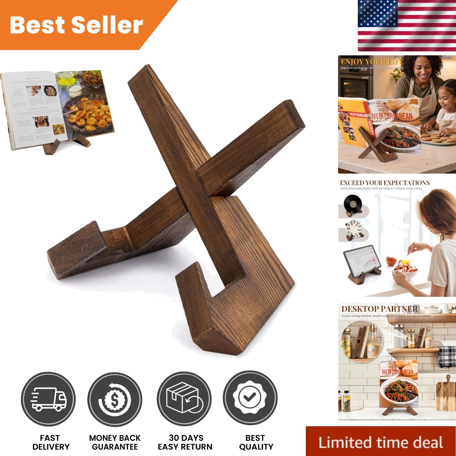Multi-Functional Wooden Cookbook Stand - Elegant Kitchen Display Solution