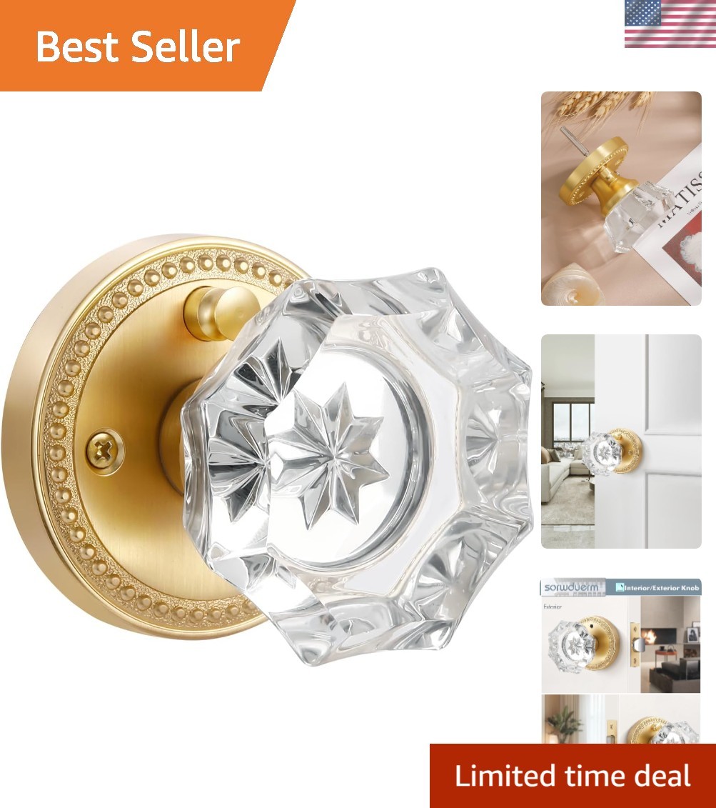 Luxury Crystal and Glass Door Knob - Satin Brass Finish with Emergency Release