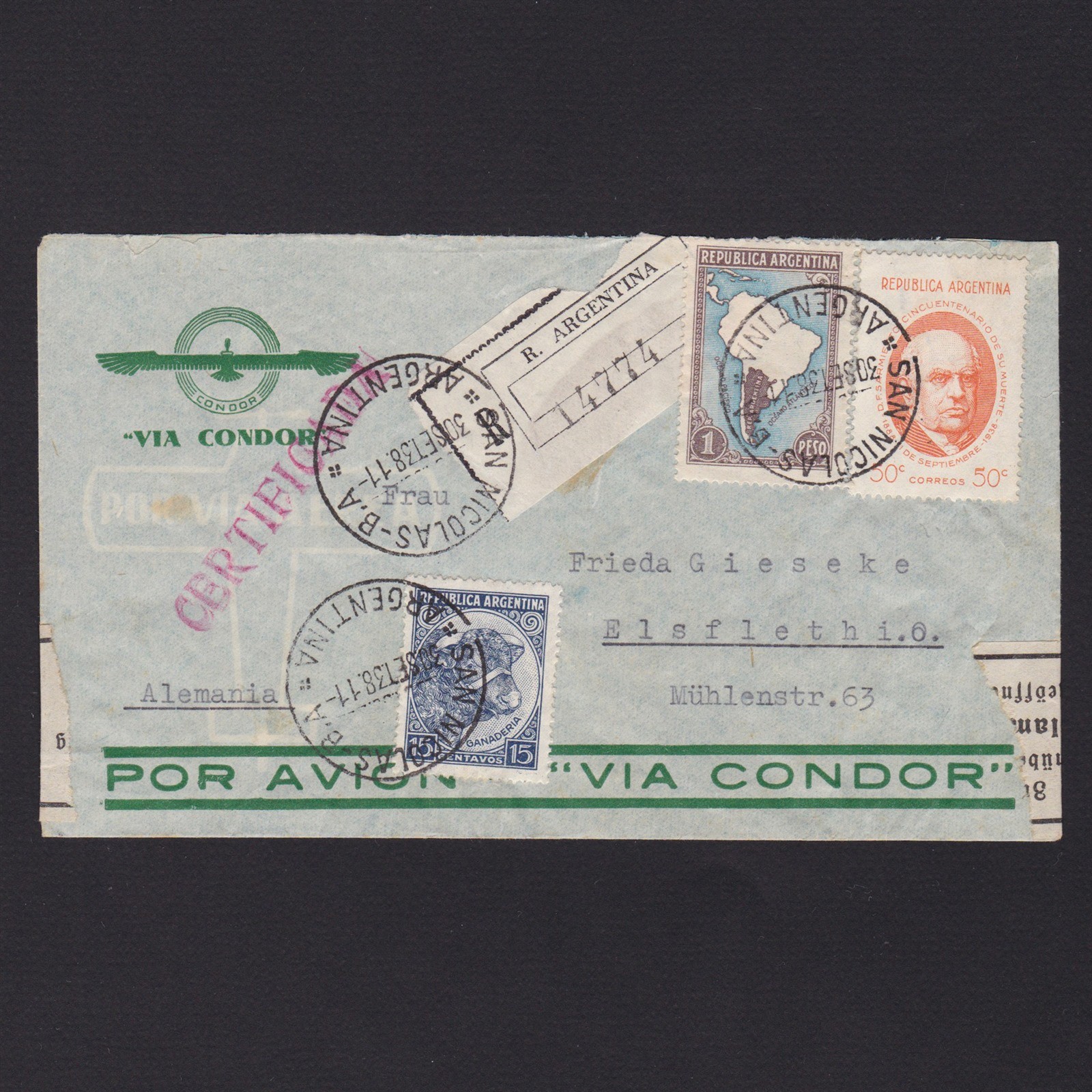 ARGENTINA 1938, Registered air mail Buenos Aires to Elsfleth, Censorship