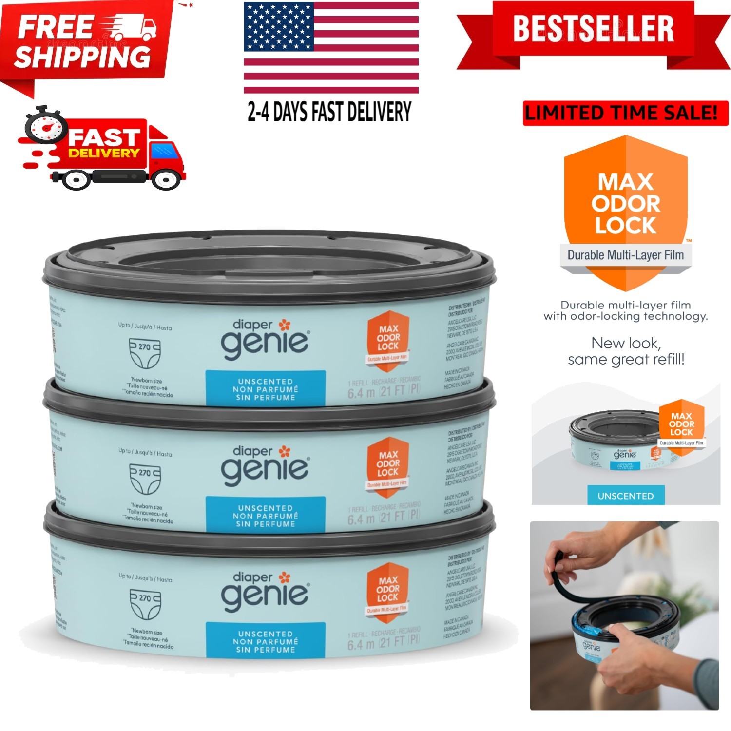 Bags Refills 270 Count Pack of 3 with Max Odor Lock | Holds Up to 810 Newborn...