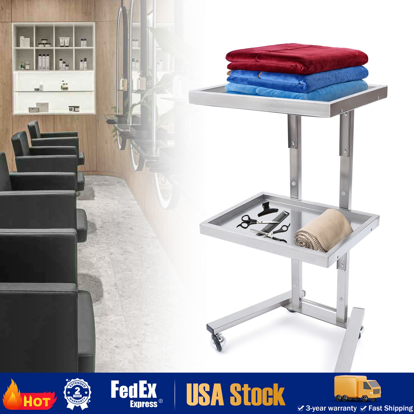 Stainless Steel Trolley Cart 2 Tier Hair Salon Tattoo Medical Tray Cart Silver