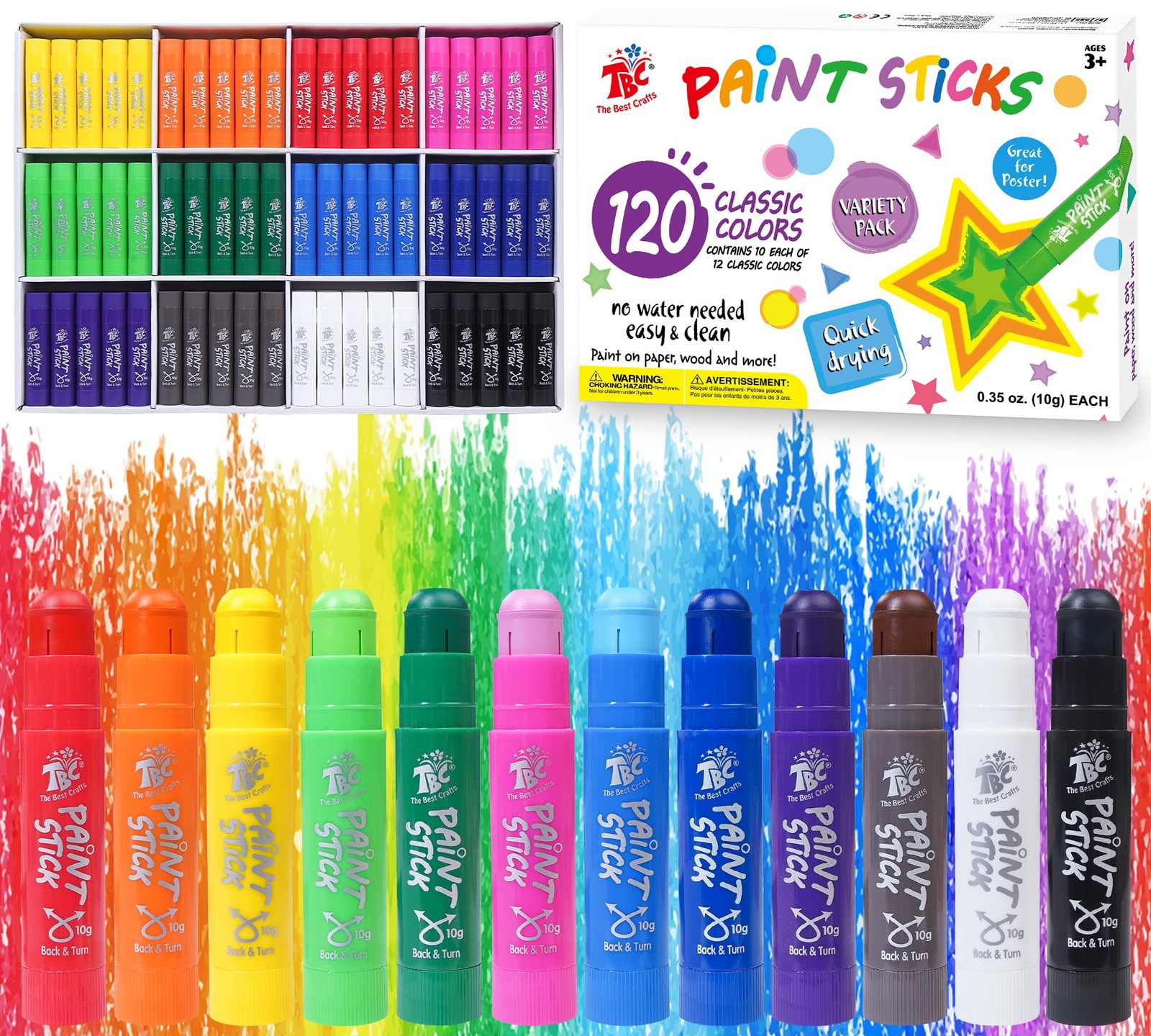 TBC Paint Sticks 120 Colors Tempera Washable Non-Toxic Kids Students Art Set