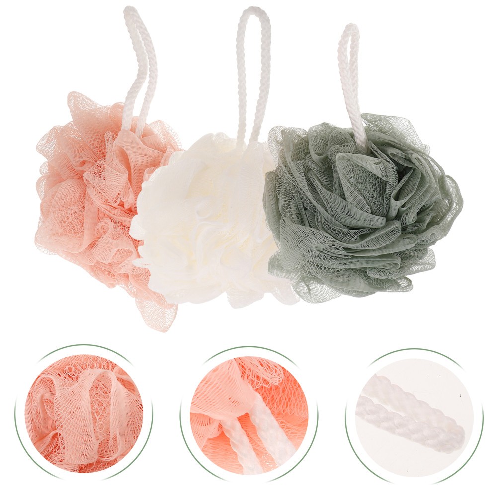 3 Pcs PE Mesh Bath Balls Shower Sponge Pouf with Hanging Rope for Bath
