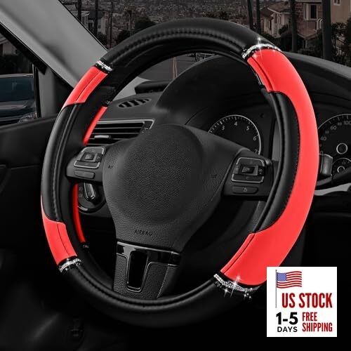  Leather Steering Wheel Cover - Made with PVC Leather - Anti-Slip, Red