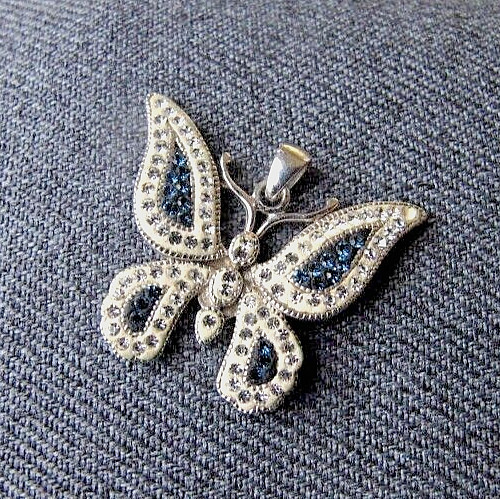 Vintage blue & clear rhinestones silvered metal butterfly pendant signed S