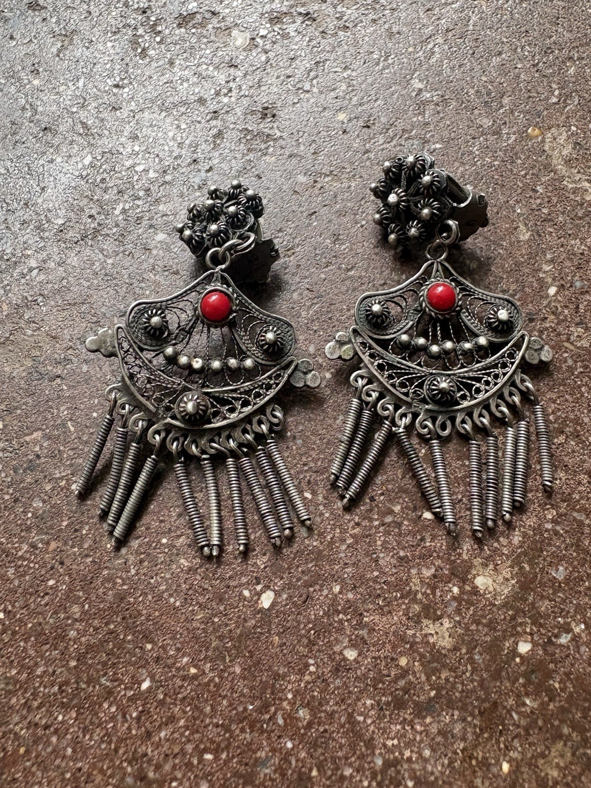 Antique Southwest Silver Earrings Clip On  Red Coral