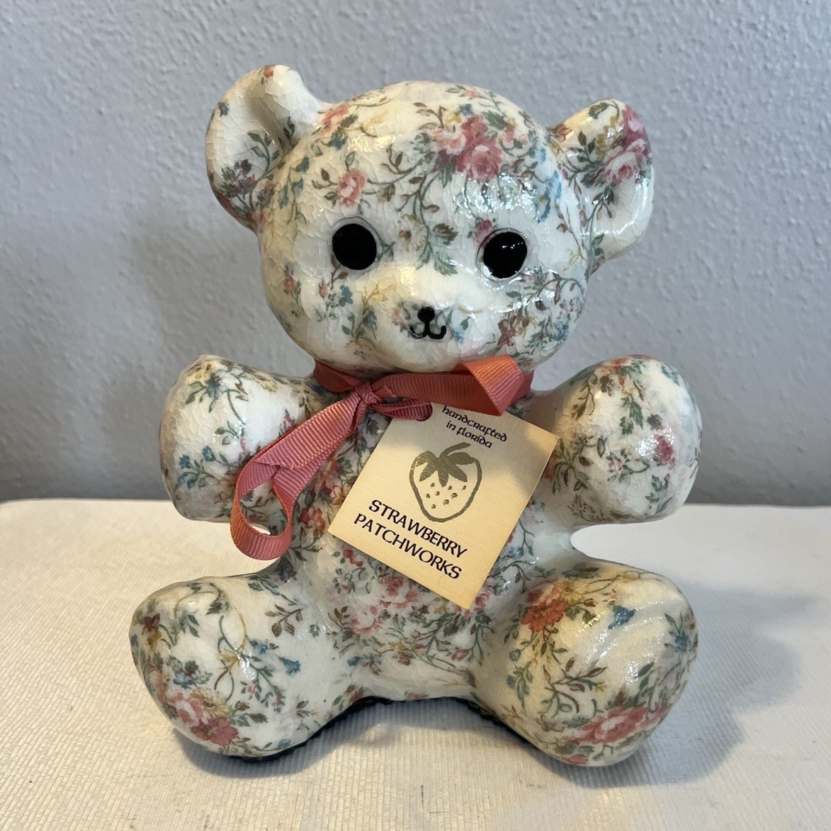 Strawberry Patchworks Handcrafted Floral Artist Bear White Pink Green