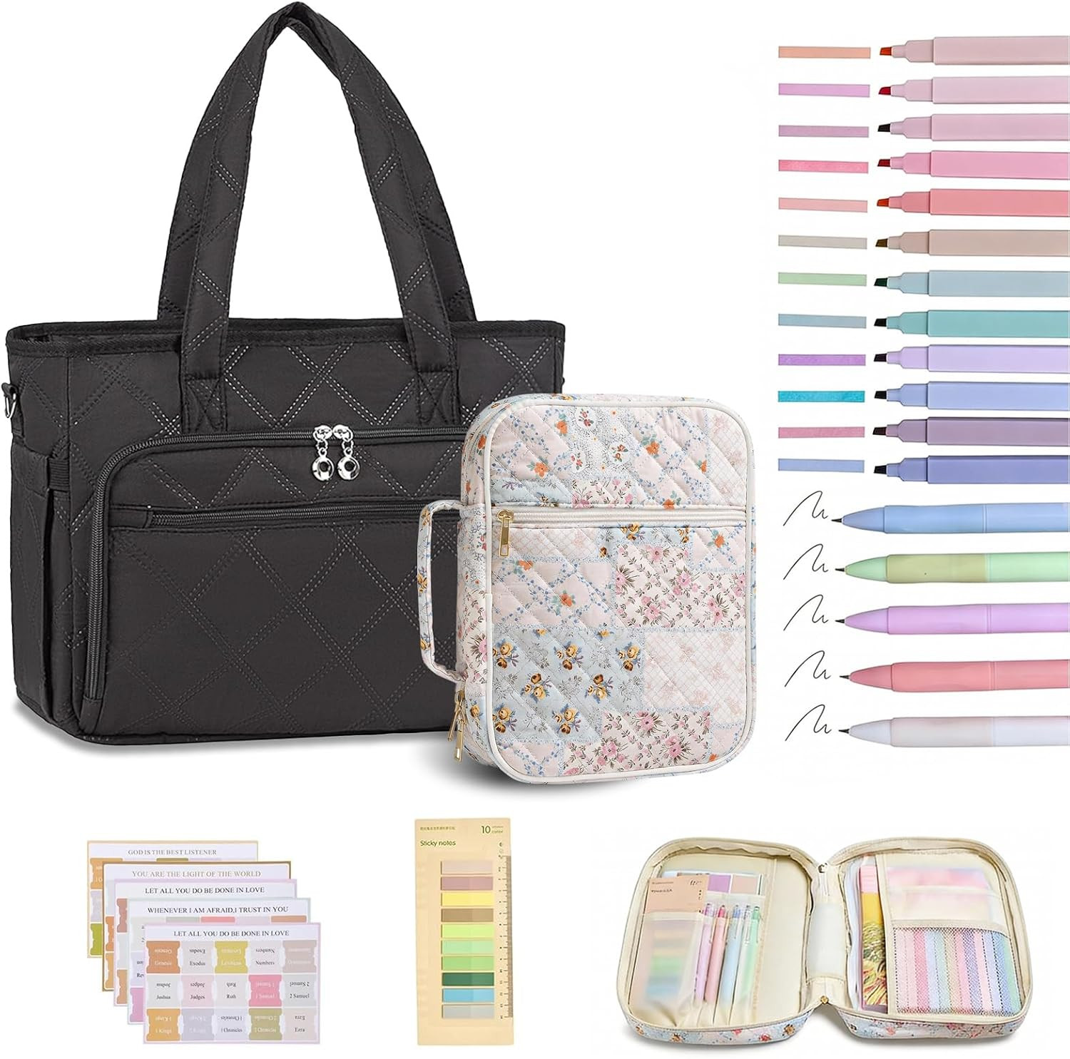 Quilted Black Bible Bag with Floral Design and Shoulder Strap for Women