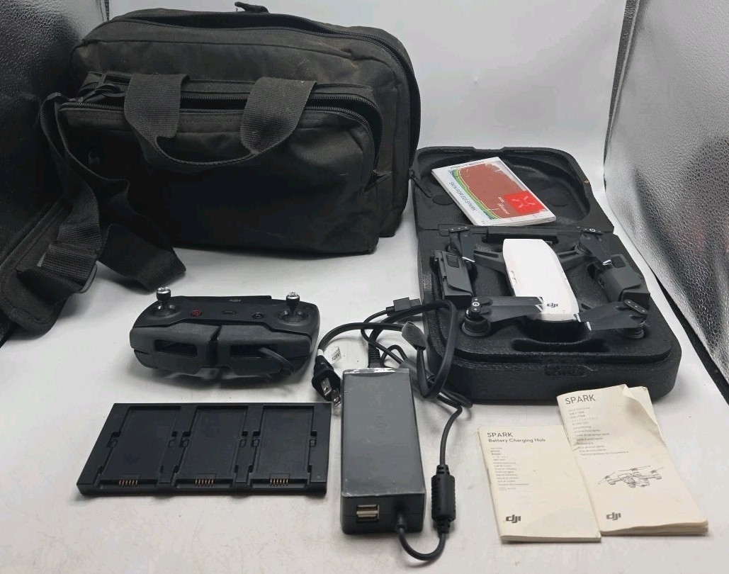 DJI Spark Ready to Fly Drone 2 Batteries Charger Remote Case Manuals Bag EUC
