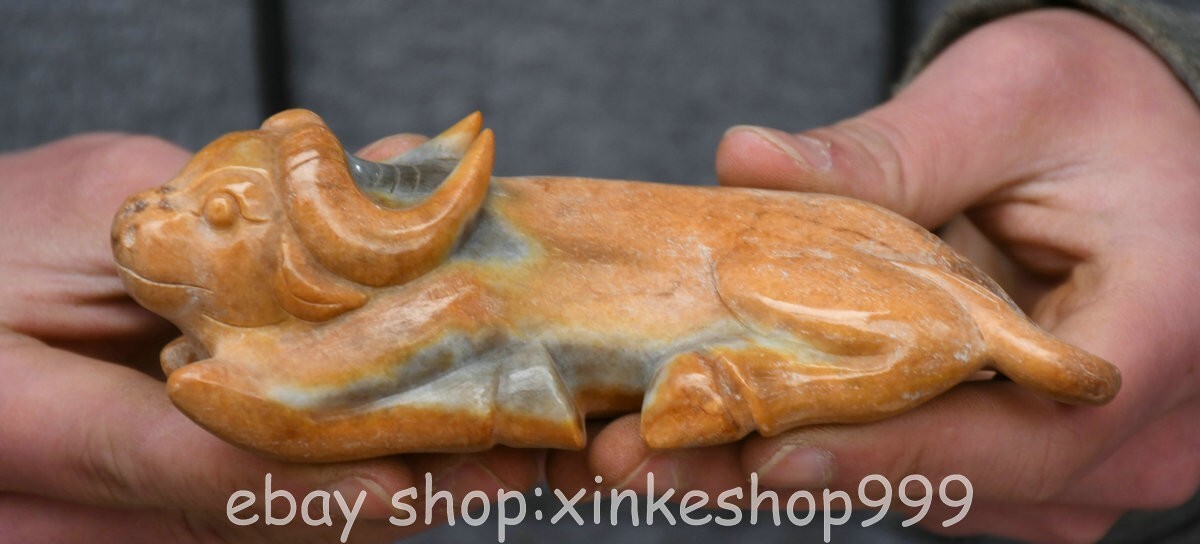 5.2" Chinese Hongshan culture Hetian Jade Carving Animal Cattle Statue