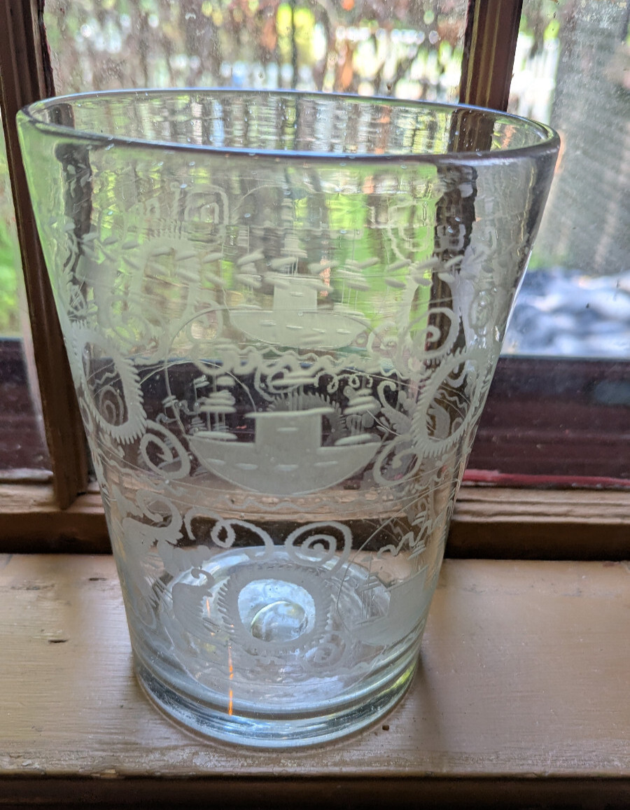 18th Century English Dutch Engraved Stiegel Type Large 7-1/4" Flip Mixing Glass