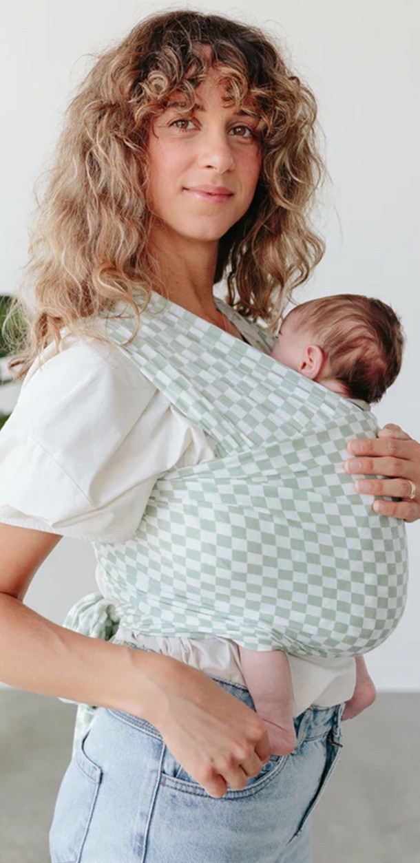 Size Adjustable Light Green White Checkered Baby Wrap Carrier for Infant