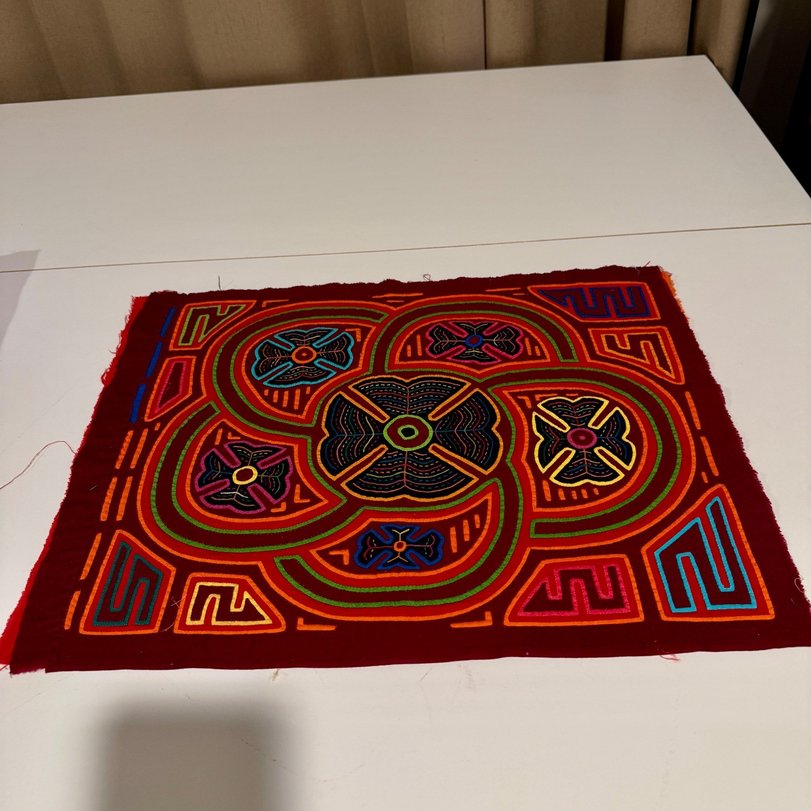 Mola Art Textile Panel Folk Art Hand Sewn Geometric Flower Design Red