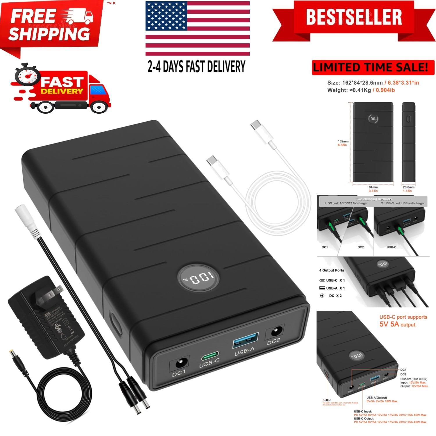 12V 7000mAh Lithium ion Battery Pack, PD 45W USB-C Portable Power Bank, 76.65...