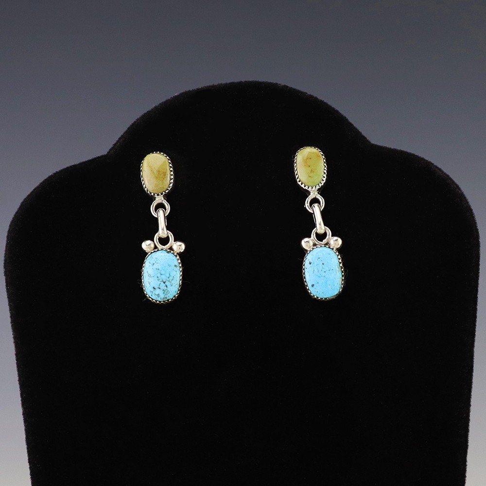 NATIVE AMERICAN ZUNI CARICO & KINGMAN TURQUOISE EARRINGS BY DIANE LONJOSE
