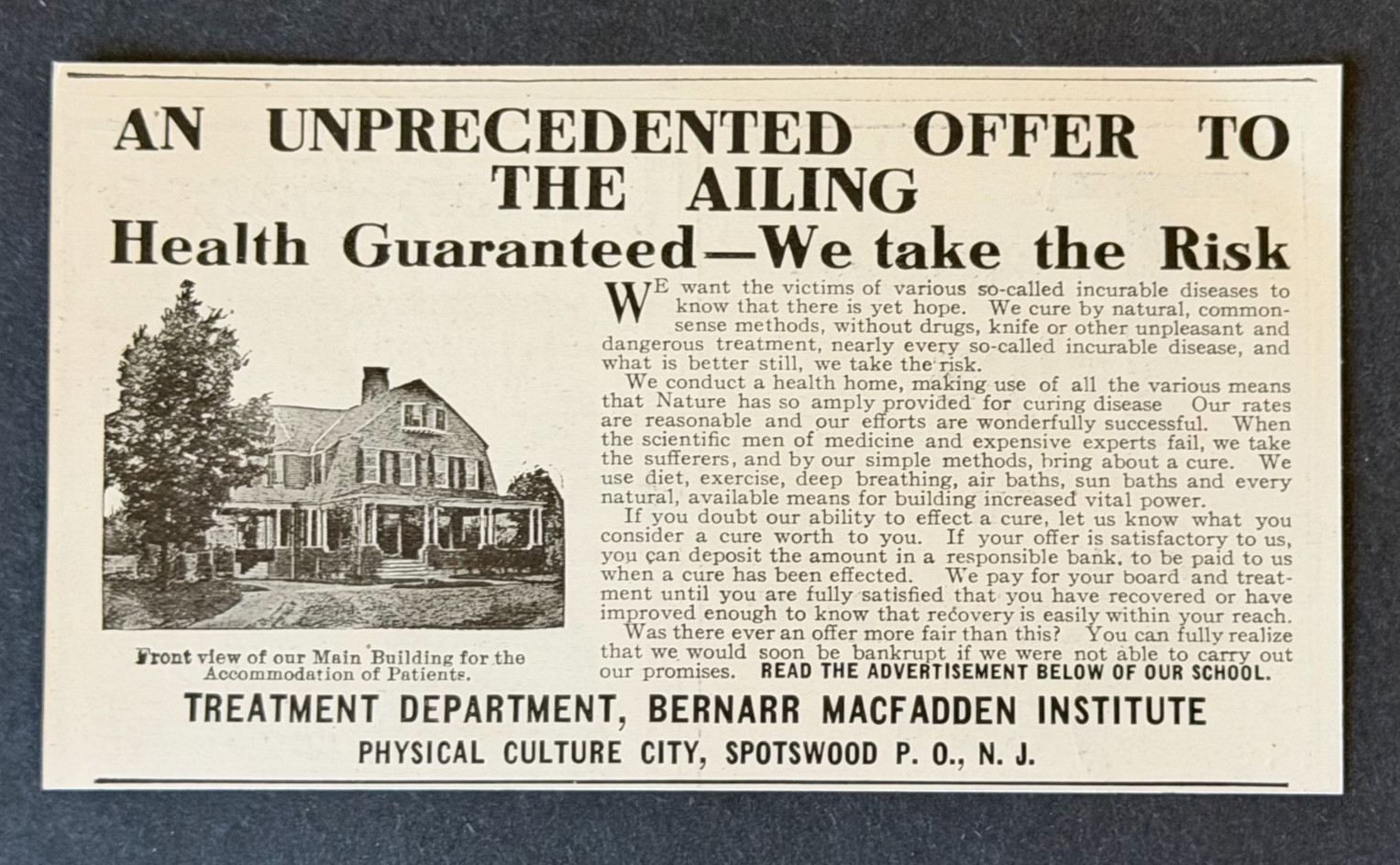 Quack Medicine Advertisement 1907 Health Cure Bernarr Macfadden Antique Print AD