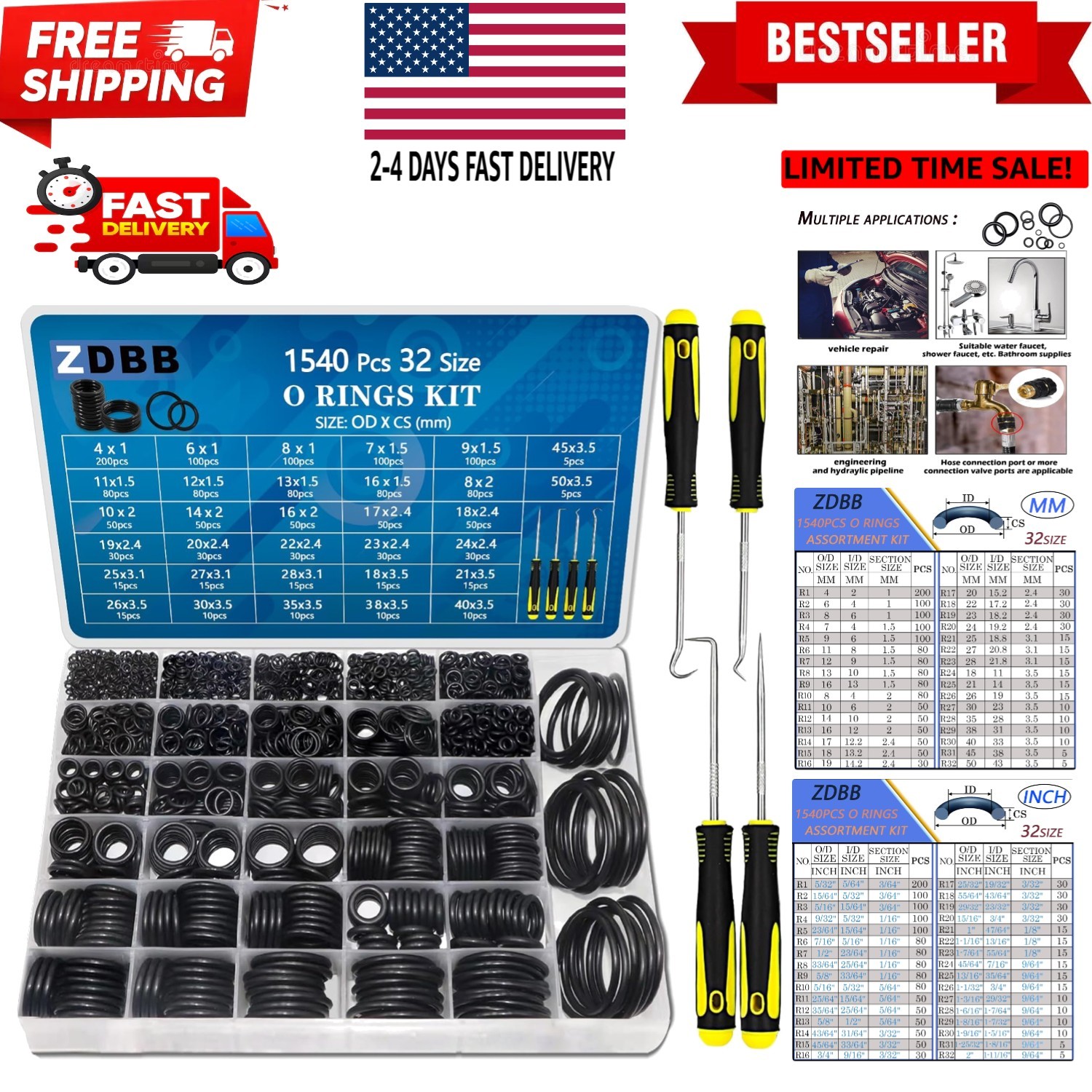 32 Size 1540 Pcs O Rings Assortment Kit Metric Nitrile Rubber Oring Set with ...