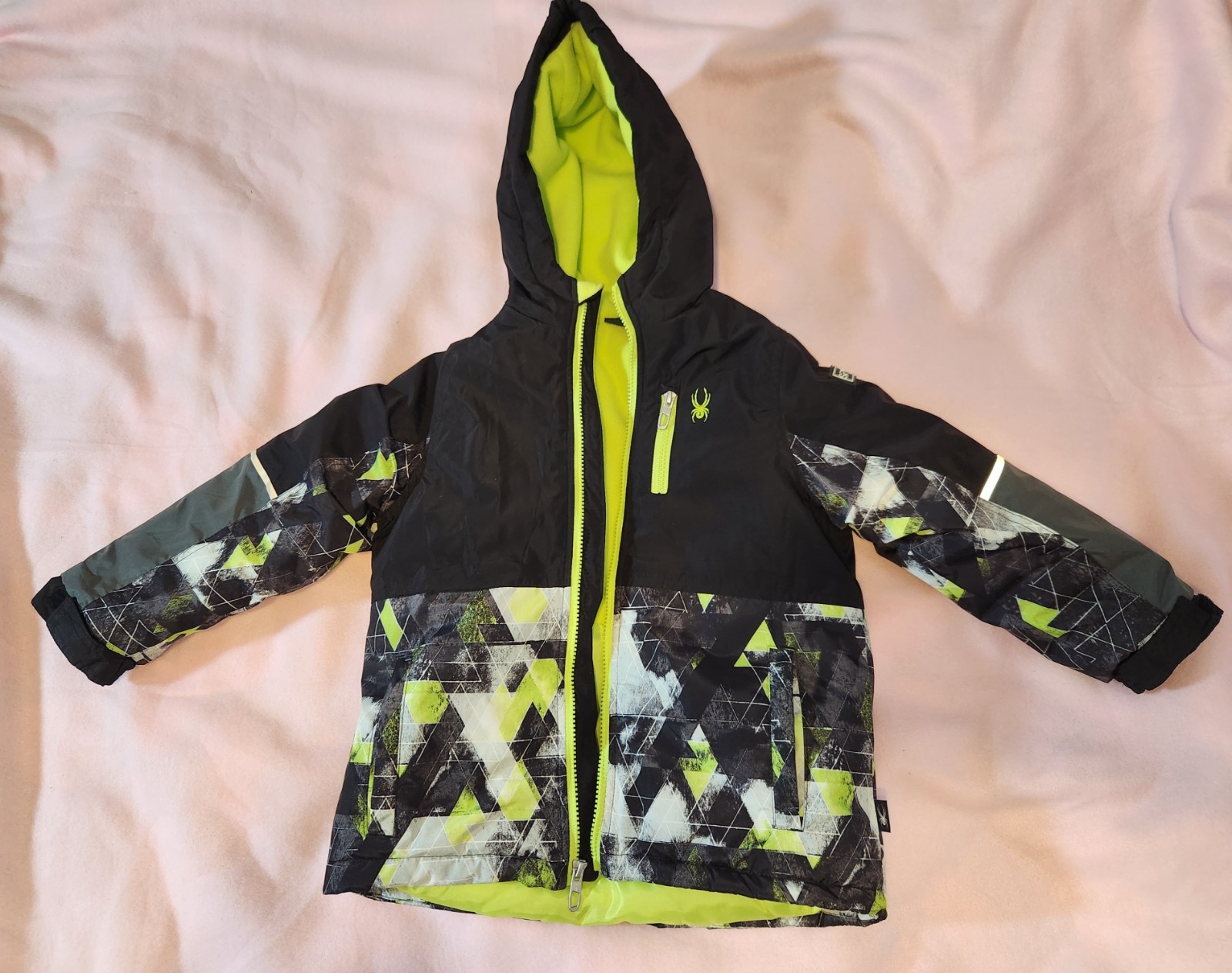 Spyder Boys Ski Jacket Black Green Hooded Geometric Pattern Size M (6T)