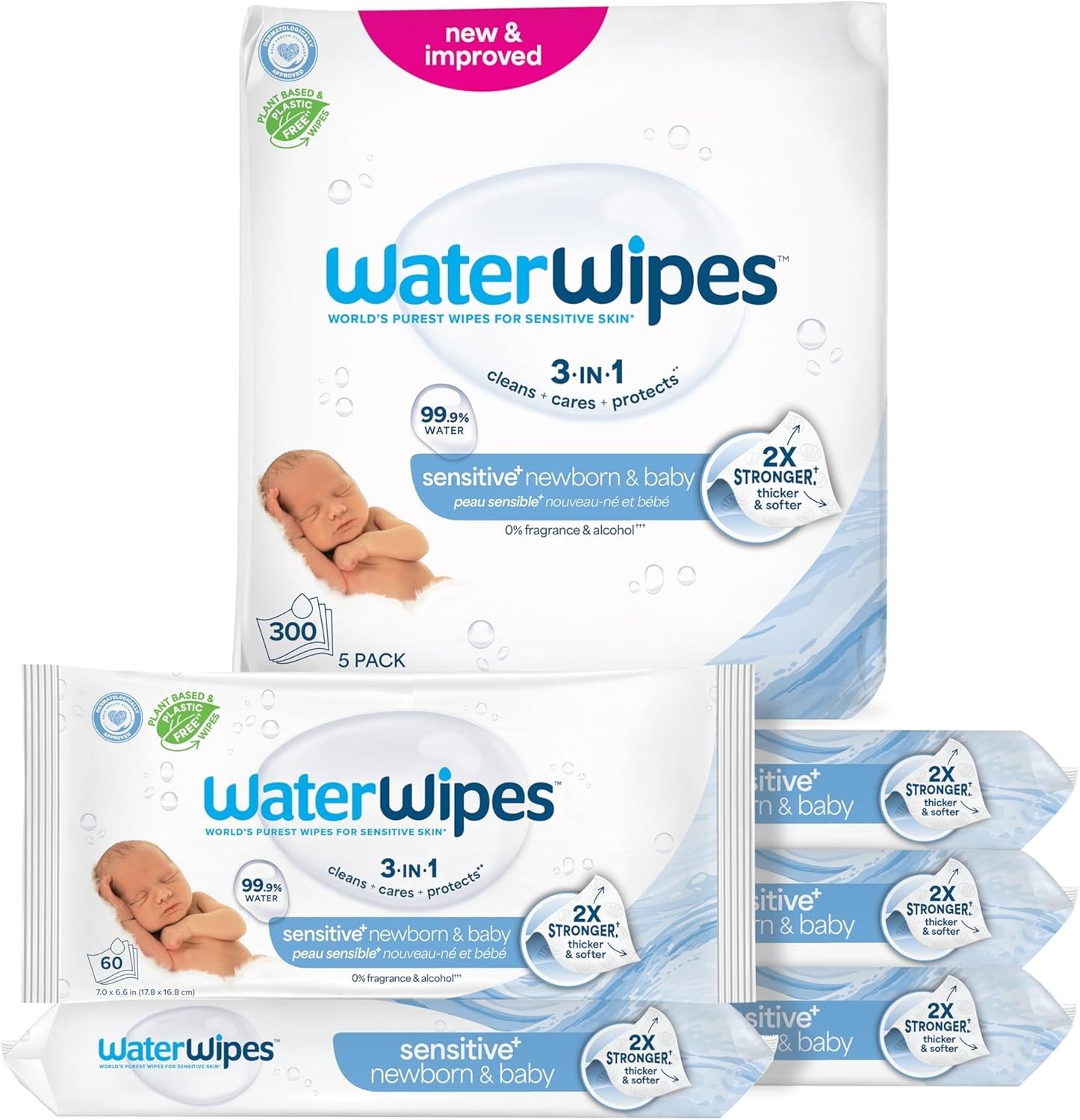 WaterWipes Sensitive+ Newborn & Baby Wipes, 3-In-1 Cleans, 300 Count (5 Packs)