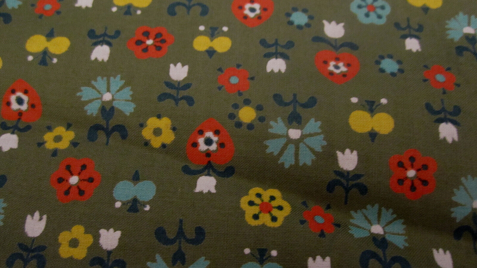 Cotton  FABRIC Stylized Flowers Hearts Multi Colored on Olive green 2yd x 42