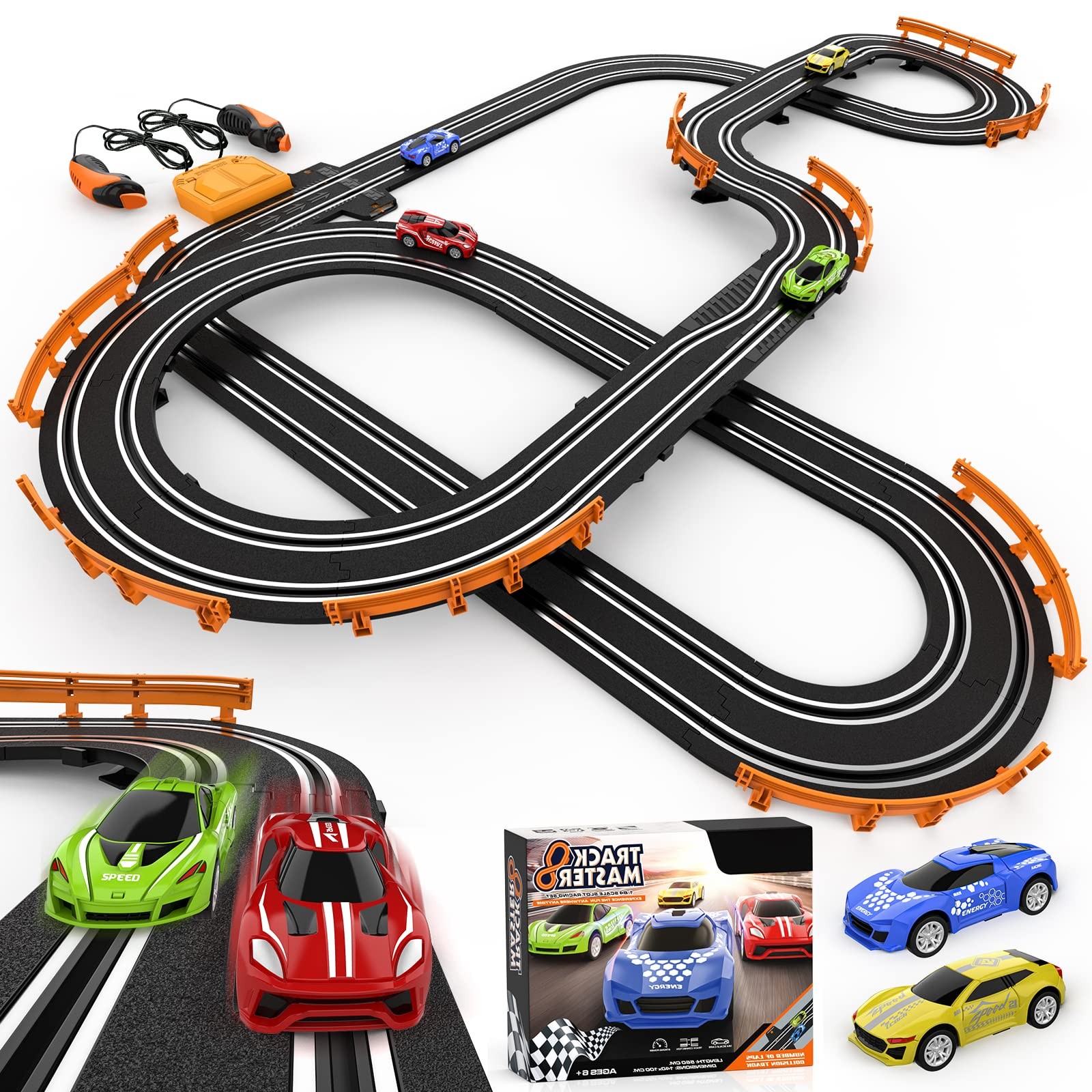 Slot Car Race Track Sets with 4 High-Speed Racing Large, Red, Black, Gray 