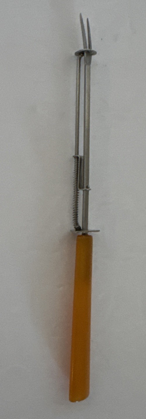 Bakelite Yellow Spring Action Loaded Olive Pickle Appetizer Serving Fork Vintage