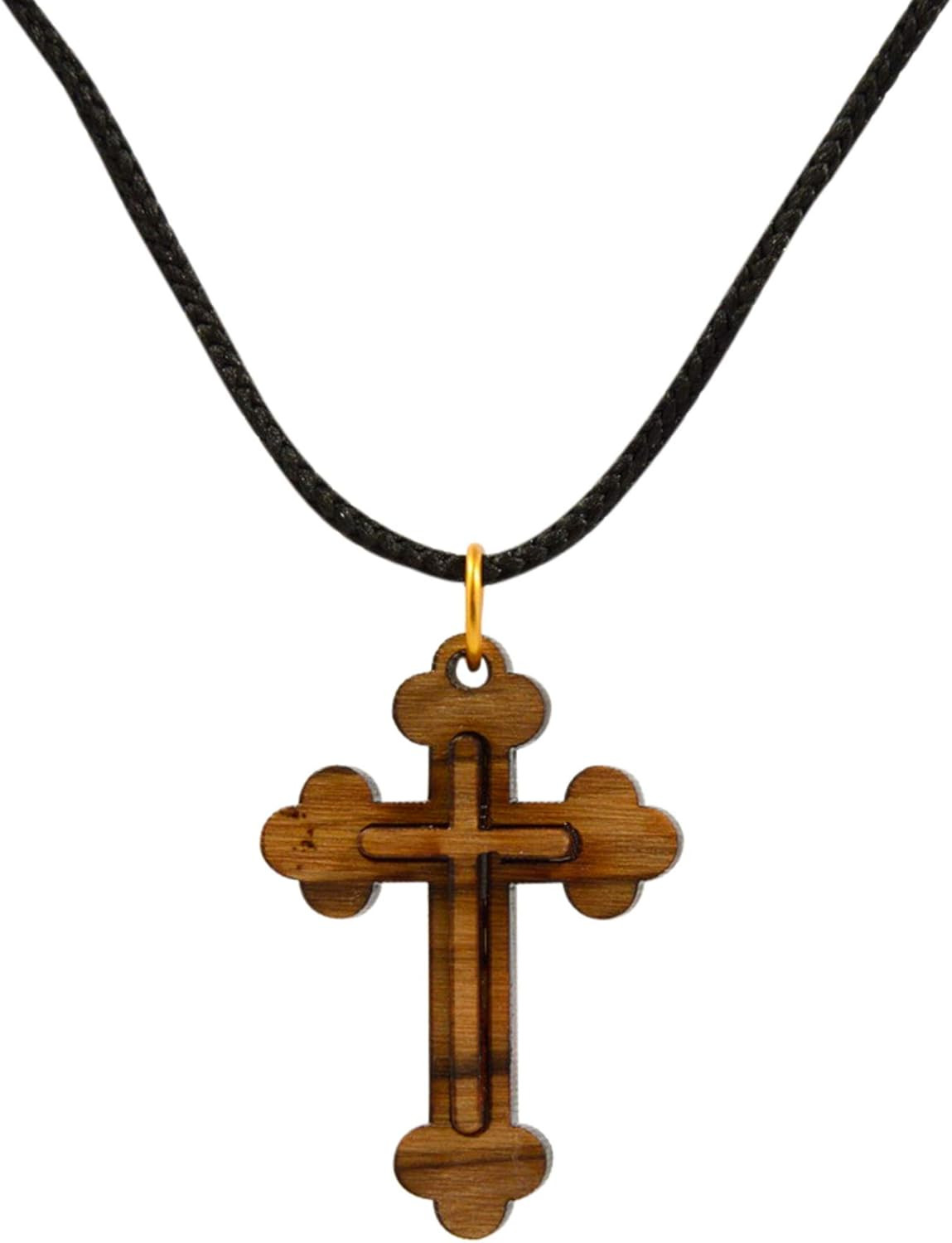 Certified Bethlehem Made Wooden Cross (Olive Wood) Budded Cross Pendant on Black