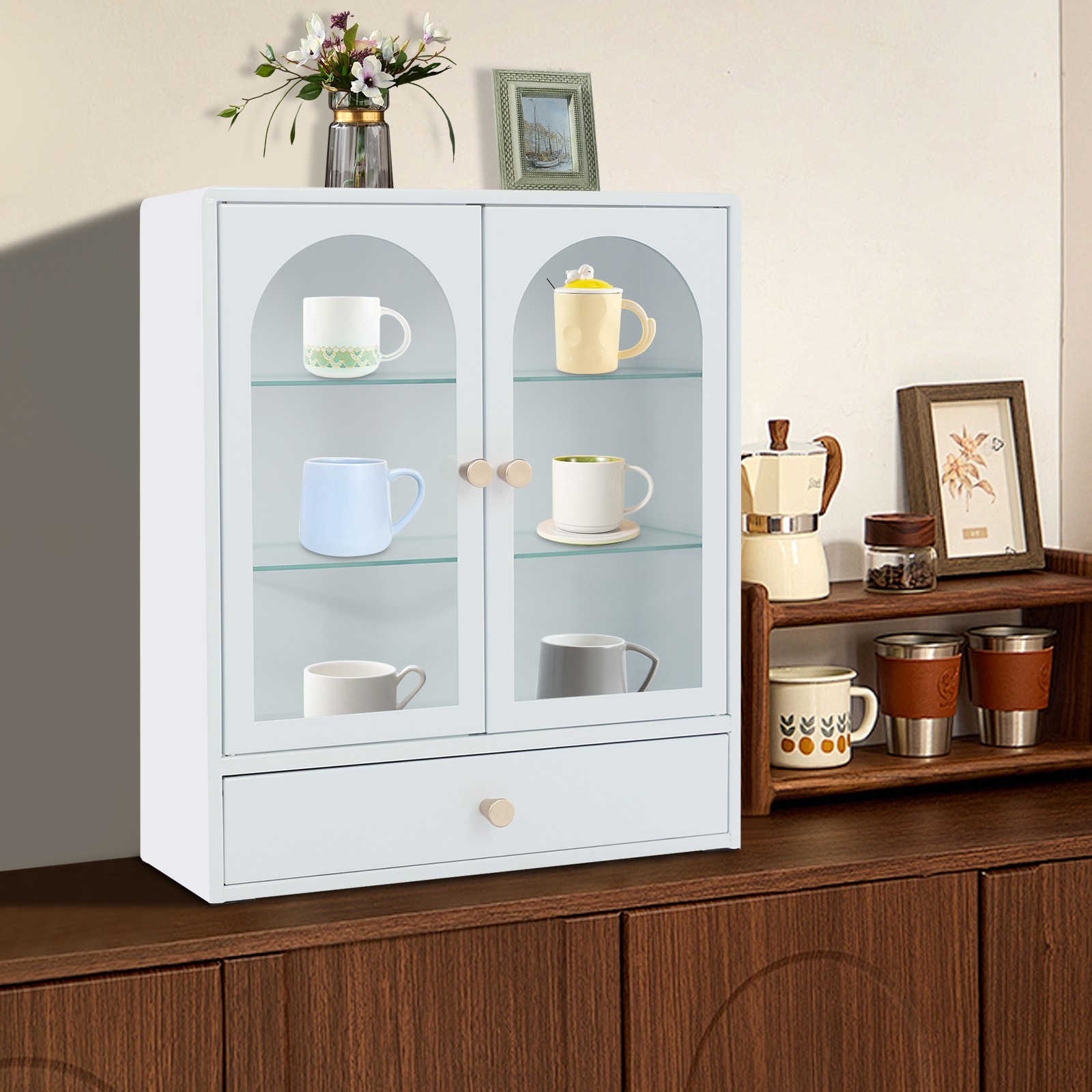 Display Cabinet 18.7" Tall Storage Cabinet with Drawer, White Curio with Glass