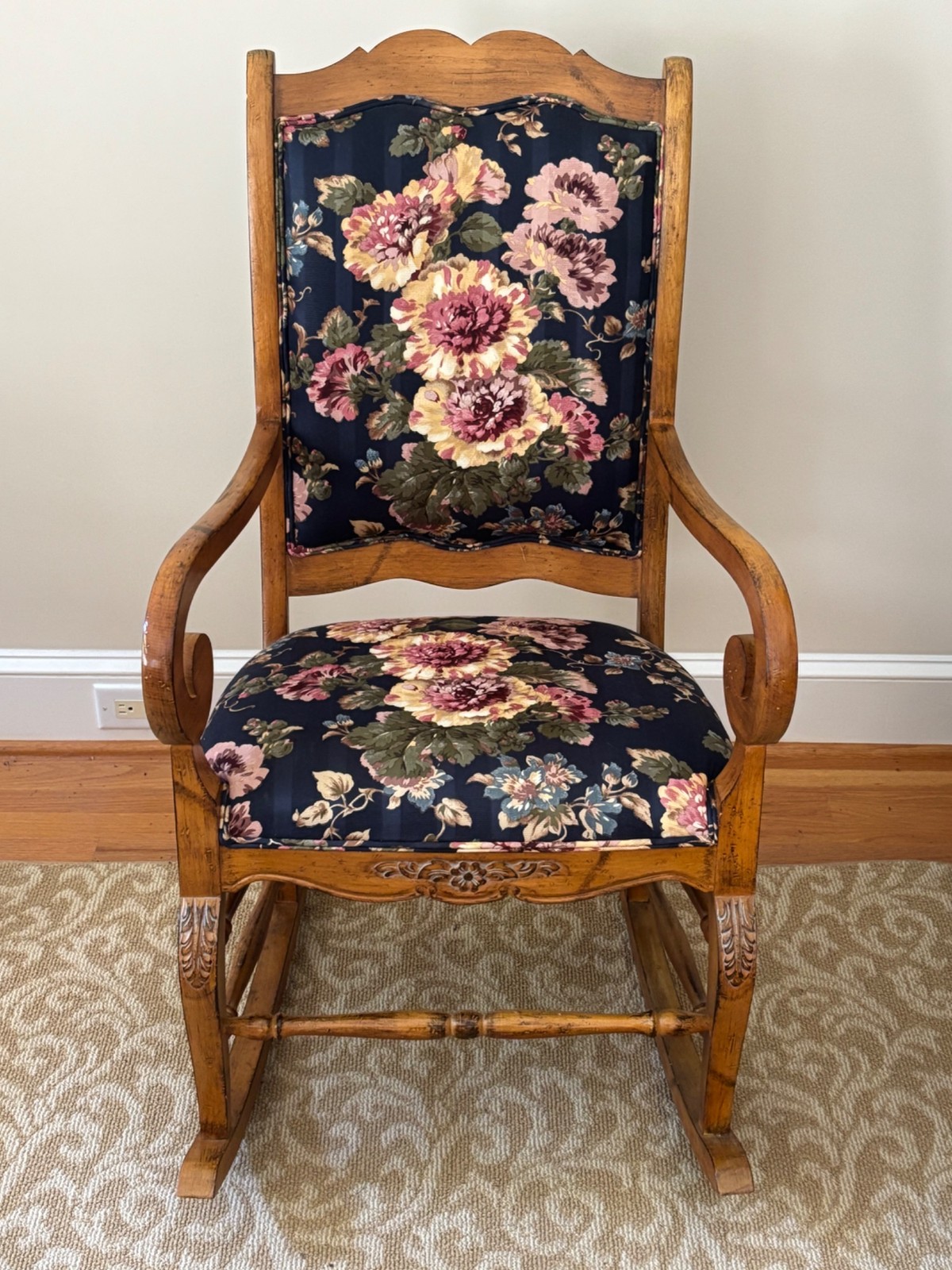 Vintage Floral Upholstered Wooden Rocking Chair Antique Scroll Arm Design