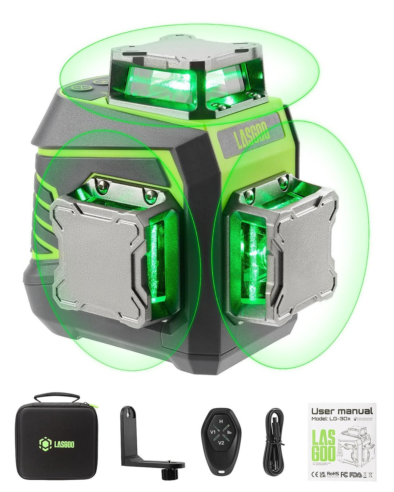 LasGoo Laser Level 3x360° Self Leveling, 3D Green Cross Line Laser for Cons