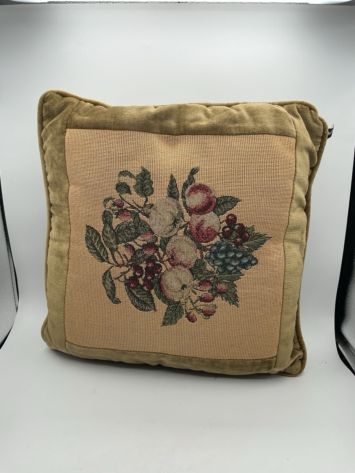 Vintage Tapestry Throw Pillow Cushion Velvet Back 16x16" Luxury Cottage Lush